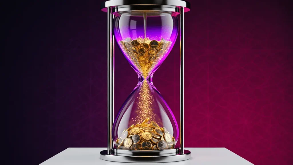 DFAL Deadline Impact on Price Modern hourglass with purple-magenta gradient lighting and flowing golden digital particles representing crypto regulation deadline