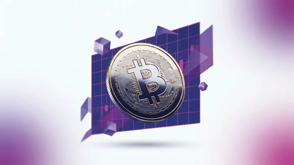 Grayscale Believes The Bear Market is Over Bitcoin coin with purple gradient grid and technical chart structure in modern crypto dashboard style