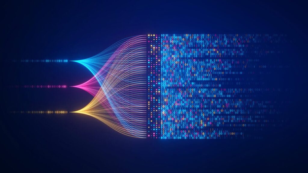 Concept of big data flow, analysis, and visualizing complex information for artificial intelligence