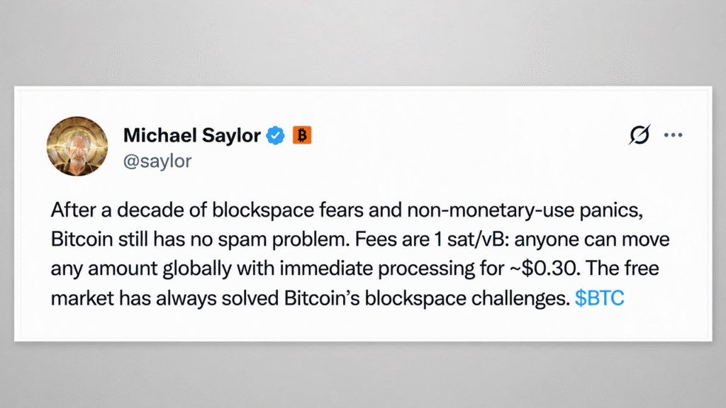 Michael Saylor Declares Bitcoin Has ‘No Spam Problem’ as BIP-110 Debate Escalates