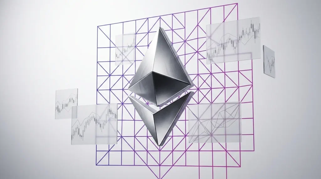 Ethereum logo with gradient grid and abstract price charts in studio lighting