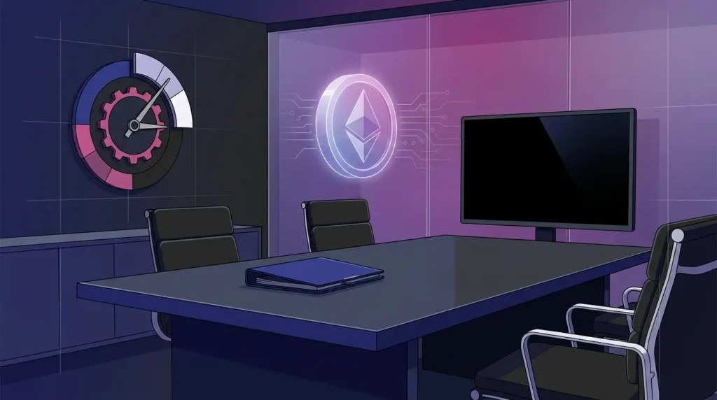 SEC Crypto Meeting Delayed Over Fundraising Exemptions Abstract SEC crypto fundraising vote delayed in a modern indigo and magenta regulatory meeting scene