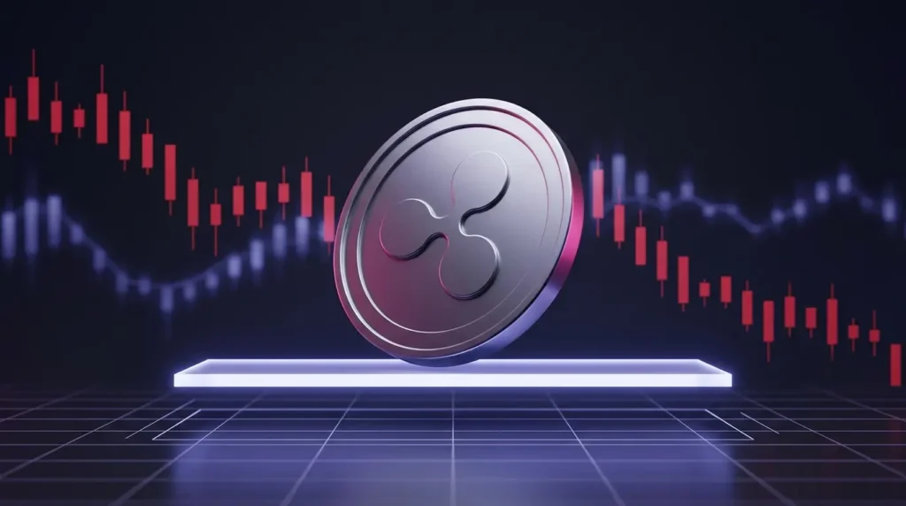 Unmarked crypto coin descending toward support amid bearish market signals and indigo-magenta trading visuals