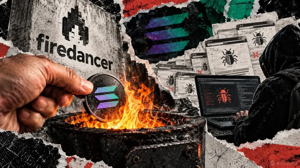 Firedancer bug bounty requires a non-refundable 1 SOL burn Editorial collage of a Solana coin burning beside the Firedancer logo as a bug bounty researcher examines duplicate vulnerability reports.